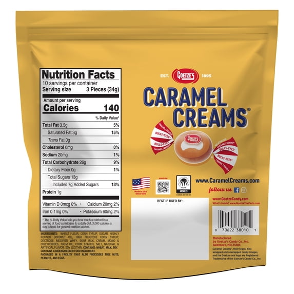 Goetze's Original Caramel Creams, Peanut Free, Milk, Wheat and Soy, 12oz Bag